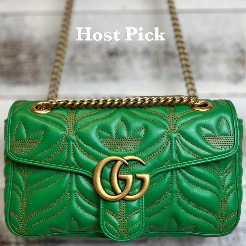 GUCCI x Adidas Green Marmont Purse Bag 443497 Leather Logo Gold Chain GG RARE - Picture 1 of 16